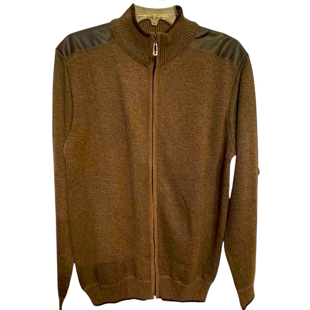 True Rock Men's Size XXL Brown/Black Full Zip Faux Leather Mock Sweater